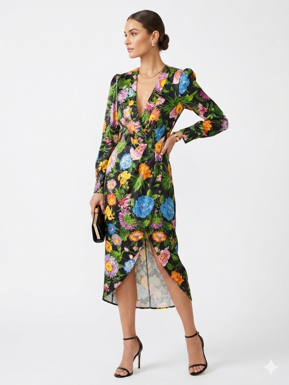 Ronny Kobo Floral Midi Dress Black Multicolor Long Sleeve Wrap Style NWT